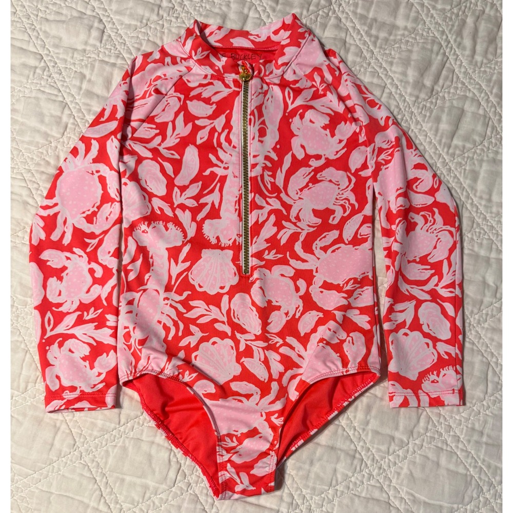 Lilly Pulitzer Girls Rash Guard One Piece Swimsuit Pink Orange Crab Print Size 8